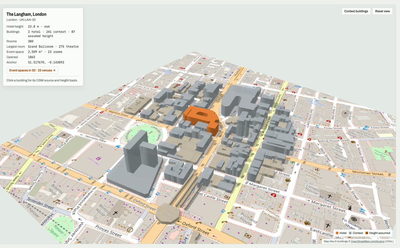 3D massing model of The Langham, London in London, UK, its tallest building about 24 m: the hotel's buildings in orange among grey neighbouring buildings on an OpenStreetMap street map. Model by Budots Media.