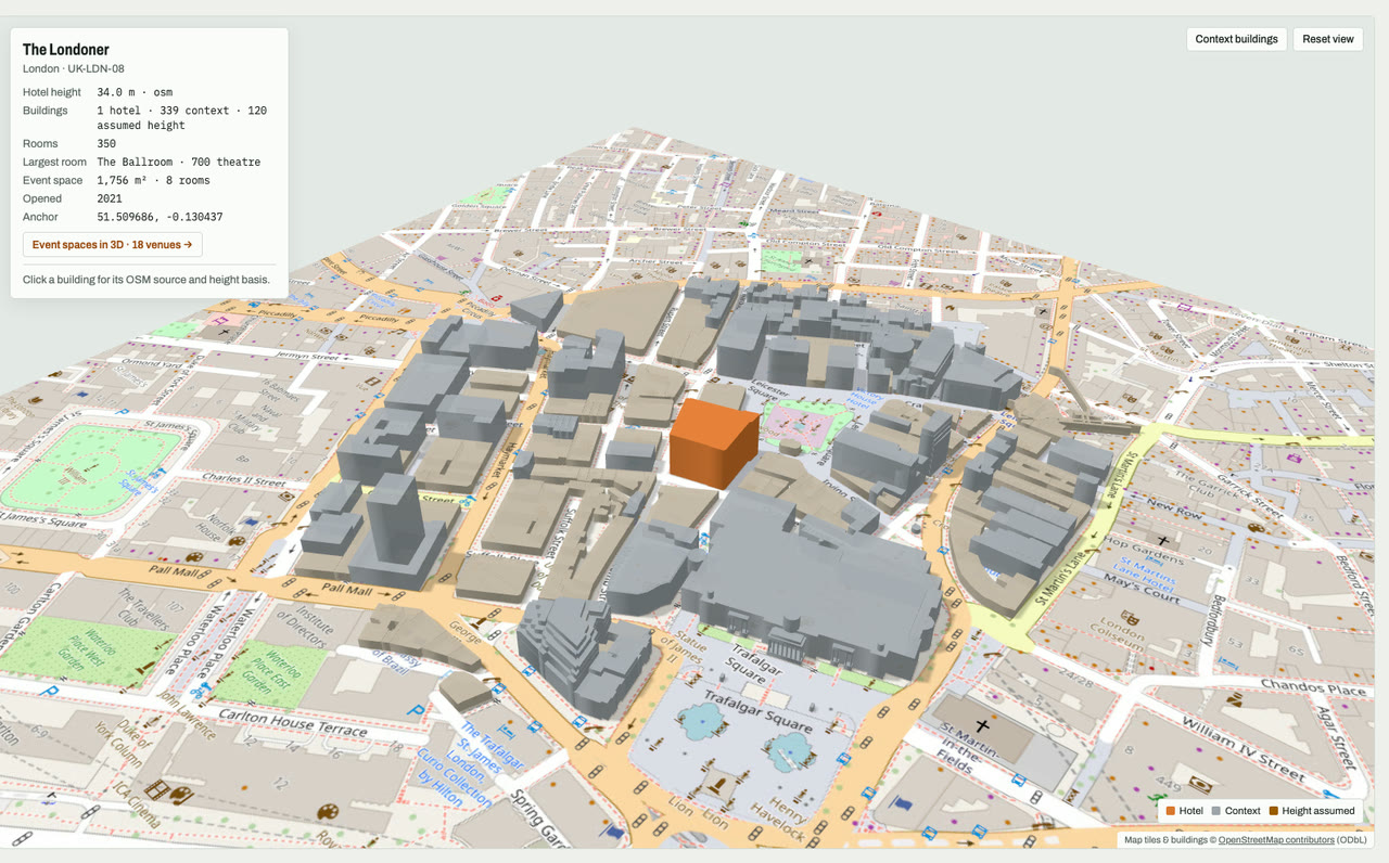 3D massing model of The Londoner in London, UK, its tallest building about 34 m: the hotel's buildings in orange among grey neighbouring buildings on an OpenStreetMap street map. Model by Budots Media.