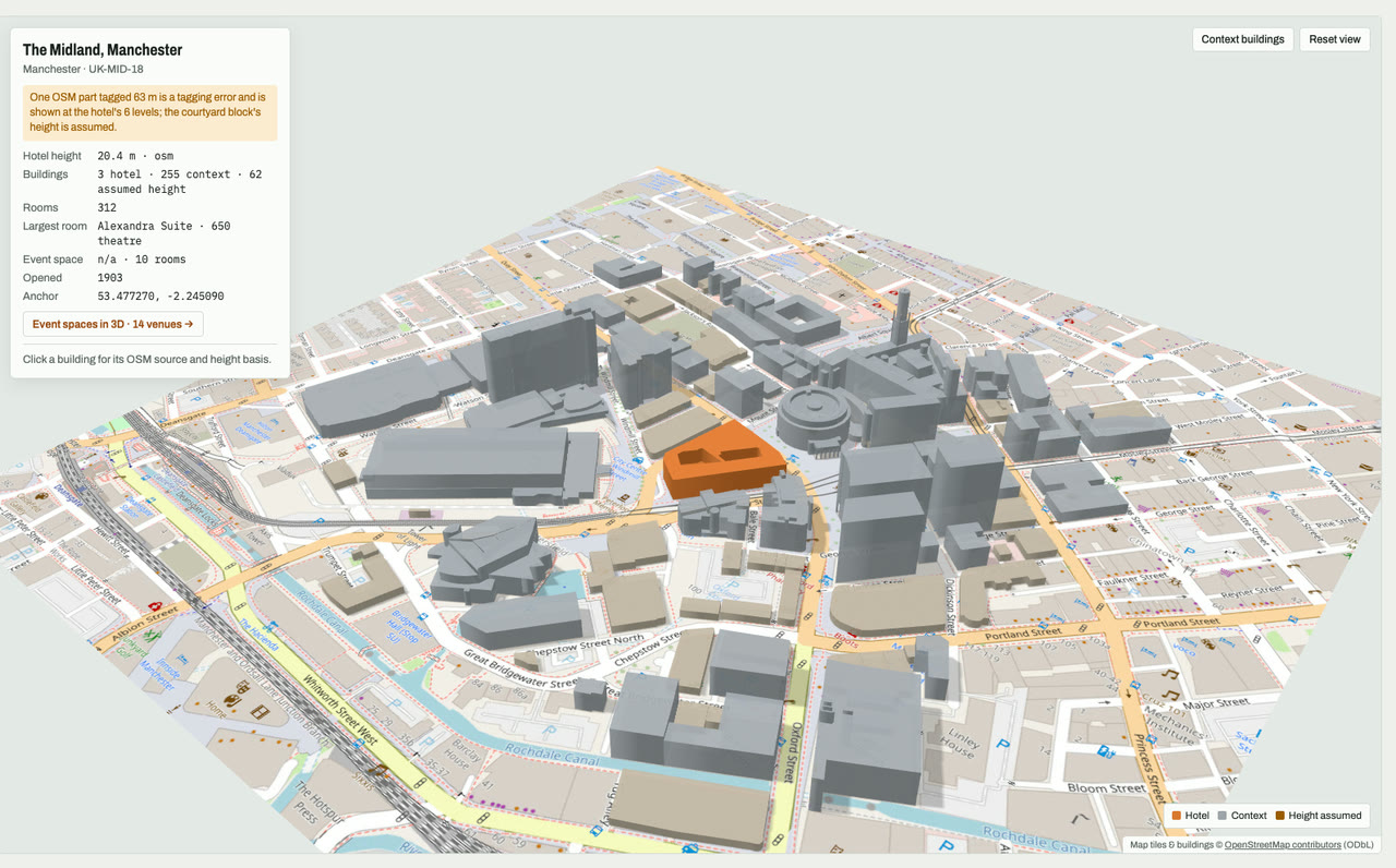 3D massing model of The Midland, Manchester in Manchester, England, UK, its tallest building about 20 m: the hotel's buildings in orange among grey neighbouring buildings on an OpenStreetMap street map. Model by Budots Media.