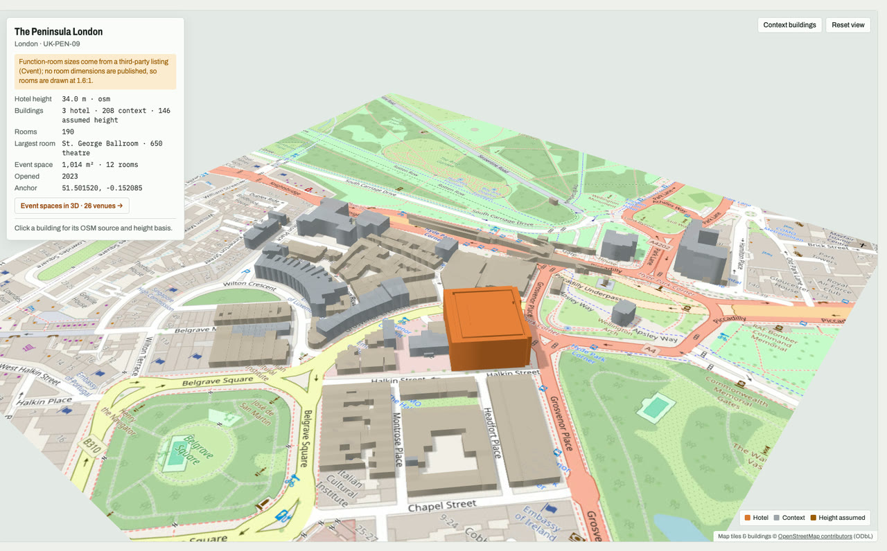 3D massing model of The Peninsula London in London, UK, its tallest building about 34 m: the hotel's buildings in orange among grey neighbouring buildings on an OpenStreetMap street map. Model by Budots Media.