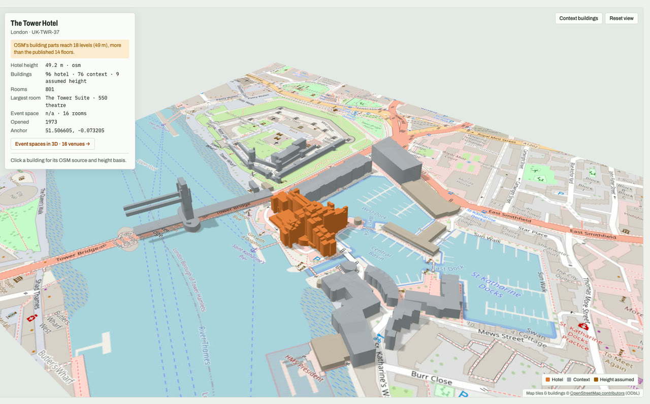 3D massing model of The Tower Hotel in London, UK, its tallest building about 49 m: the hotel's buildings in orange among grey neighbouring buildings on an OpenStreetMap street map. Model by Budots Media.