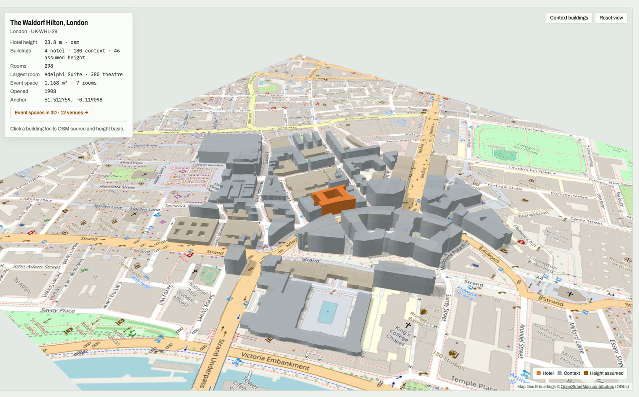 3D massing model of The Waldorf Hilton, London in London, UK, its tallest building about 24 m: the hotel's buildings in orange among grey neighbouring buildings on an OpenStreetMap street map. Model by Budots Media.