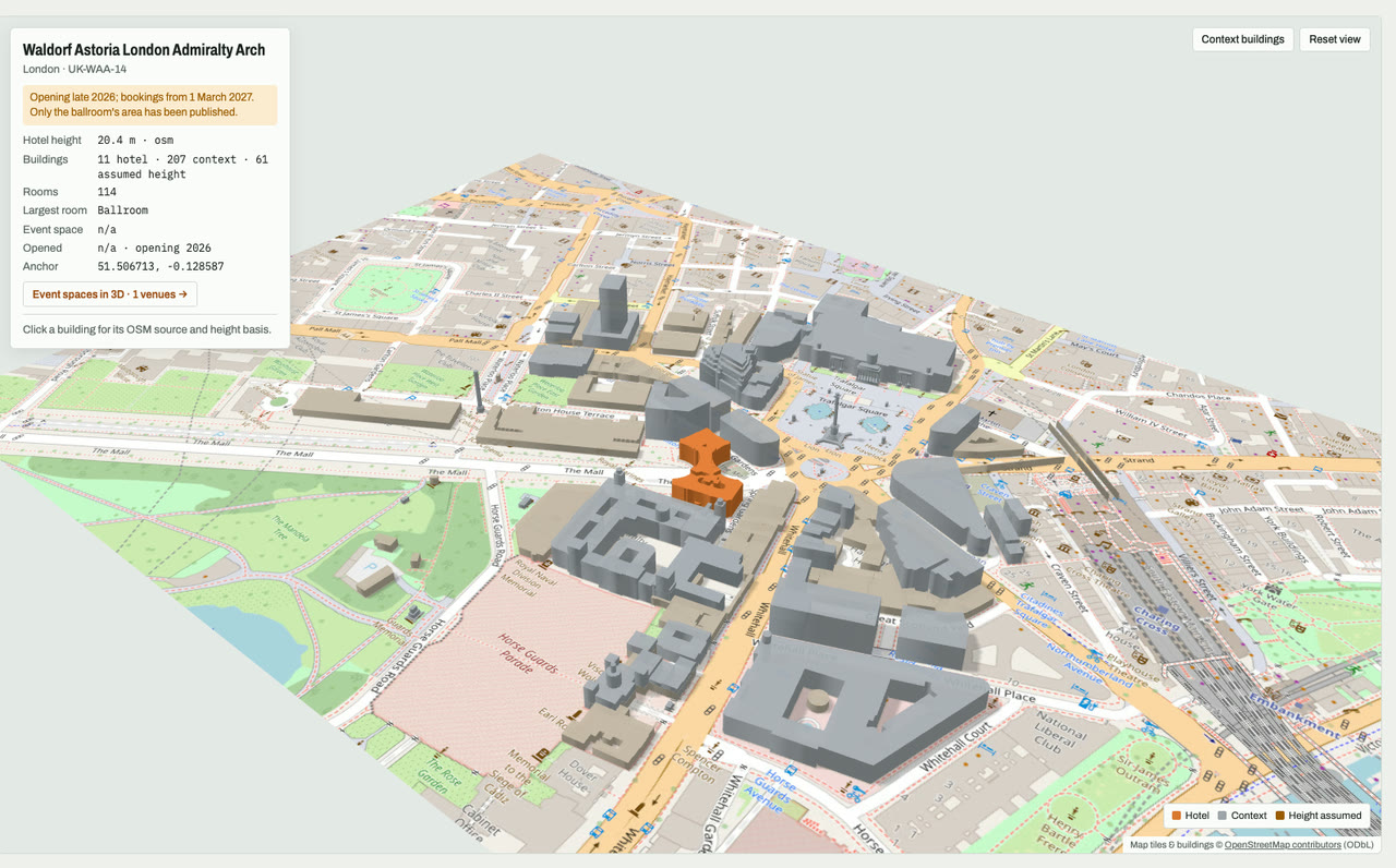 3D massing model of Waldorf Astoria London Admiralty Arch in London, UK, its tallest building about 20 m: the hotel's buildings in orange among grey neighbouring buildings on an OpenStreetMap street map. Model by Budots Media.