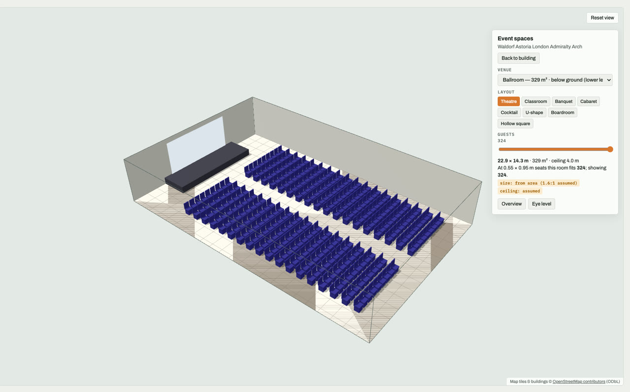 Ballroom at Waldorf Astoria London Admiralty Arch, London, drawn to scale in 3D (23 × 14 m, 329 m², ceiling 4.0 m) and set for a theatre layout: navy chairs facing a stage and screen. Event-space model by Budots Media.